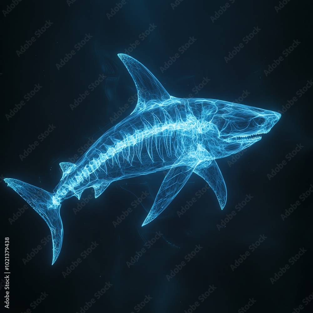 Fototapeta premium X-ray view of a shark, showcasing its skeletal structure and anatomy against a dark background.