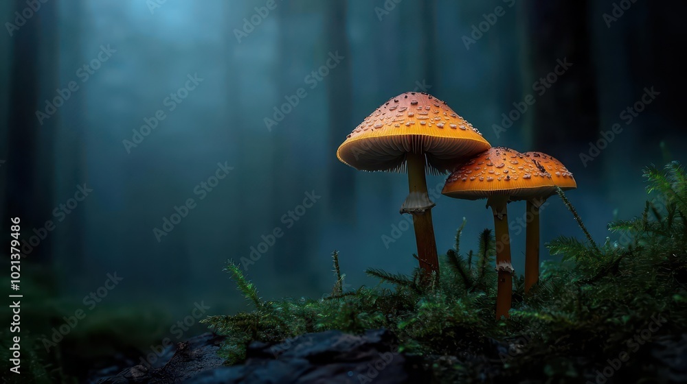 Fototapeta premium Magical mushrooms growing in a mystical, fogcovered swamp