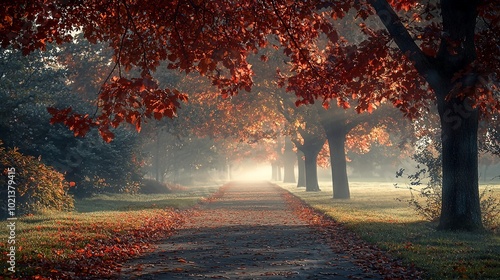 A striking path, illuminated by glowing red foliage in a park filled with rich autumn colors, underlines the contrast of light and shadow creating depth. photo