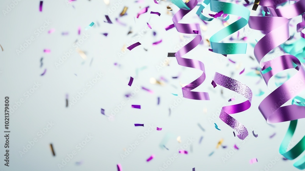 Vibrant festive ribbons and confetti falling against a soft background, perfect for celebrations and party themes. Vibrant festive ribbons and confetti falling against a soft background, perfect for celebrations and party themes.