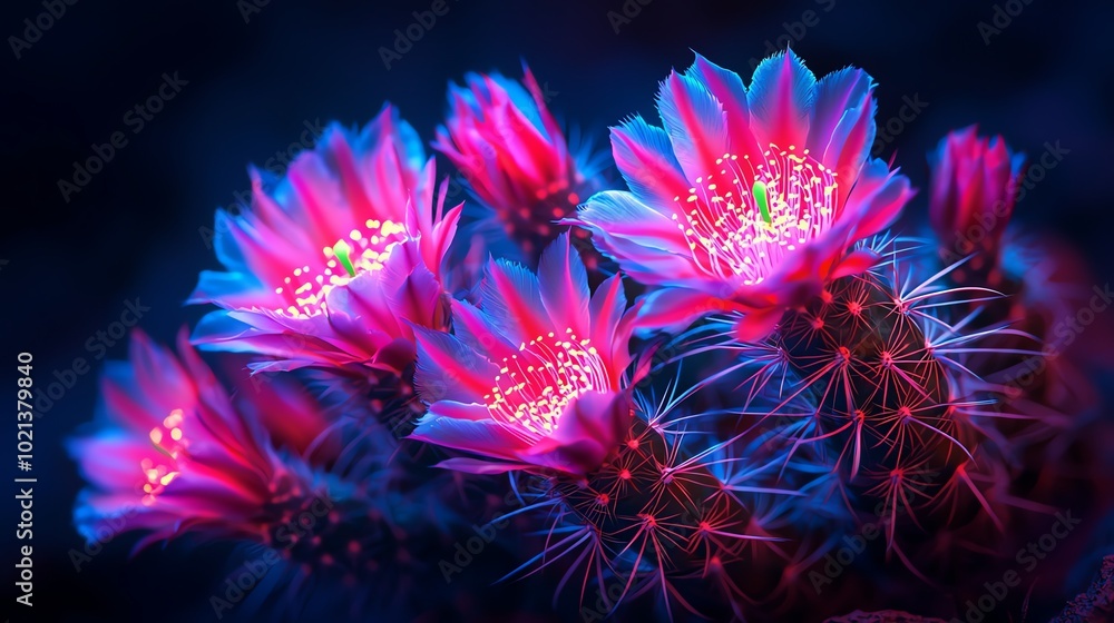 Vibrant pink and blue flowers bloom on a cactus, showcasing a stunning contrast against a dark background. Vibrant pink and blue flowers bloom on a cactus, showcasing a stunning contrast against a dark background.