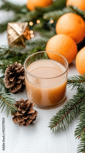 A festive arrangement of tangerines, red envelopes, cinnamon sticks, and pine cones on a white table, ideal for New Year and Christmas with orange juice