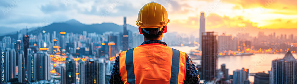 Urban Planner Engineer in Safety Gear Overlooking City Skyline at Sunset for Construction and Infrastructure Development Urban Planner Engineer in Safety Gear Overlooking City Skyline at Sunset for Construction and Infrastructure Development