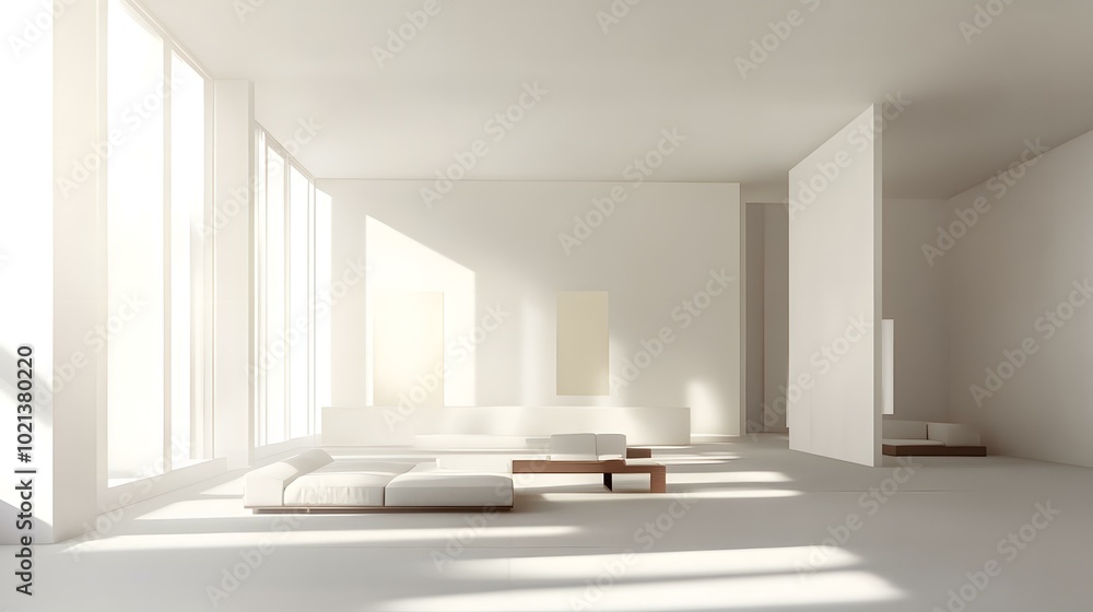 Fototapeta premium Minimalist Interior Design with Large Windows and Sunlight