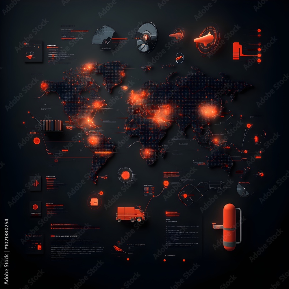 Obraz premium A cutting edge international logistics system featuring abstract world map visualizations dynamic overlays of trade flows and transportation data seamless end to end delivery