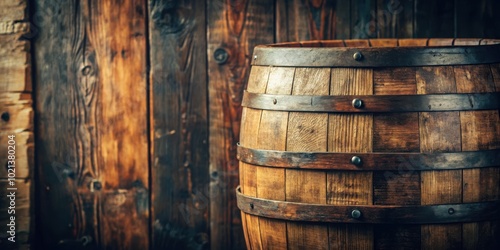 An aged wooden barrel with iron bands stands against a rustic wooden wall, its worn surface telling stories of times gone by.