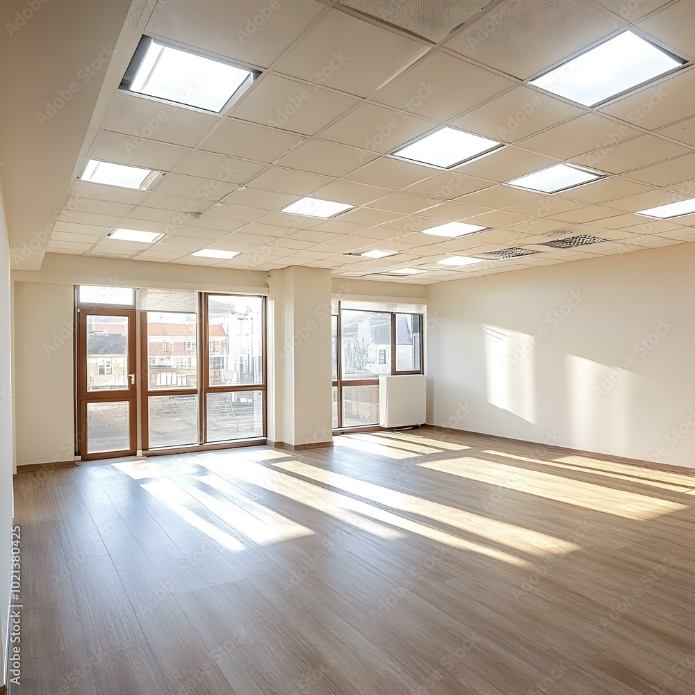 Fototapeta premium Empty Office Space With Large Windows and Sunbeams