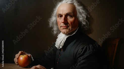 Isaac Newton holds an apple while pondering gravity's fundamental principles