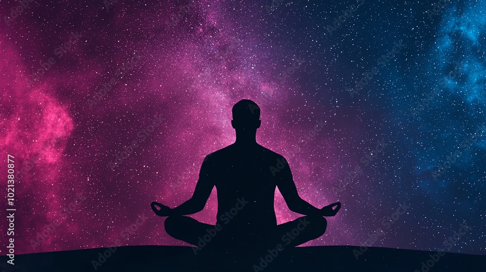 Silhouette of a person meditating in a cosmic space with vibrant colors, representing tranquility and mindfulness. Silhouette of a person meditating in a cosmic space with vibrant colors, representing tranquility and mindfulness.