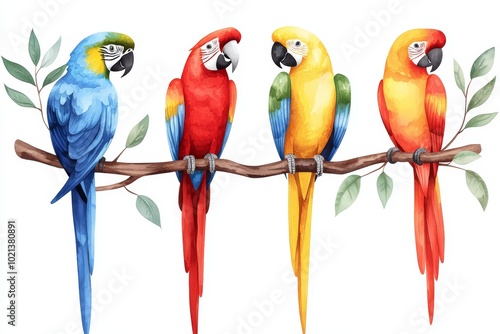 Watercolor illustration of colorful parrots, featuring macaws and cockatoos, ideal for travel-themed artwork, exotic branding, or jungle-inspired decor photo