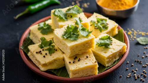 Delicious Indian Dhokla Snack Food with Cilantro Garnish