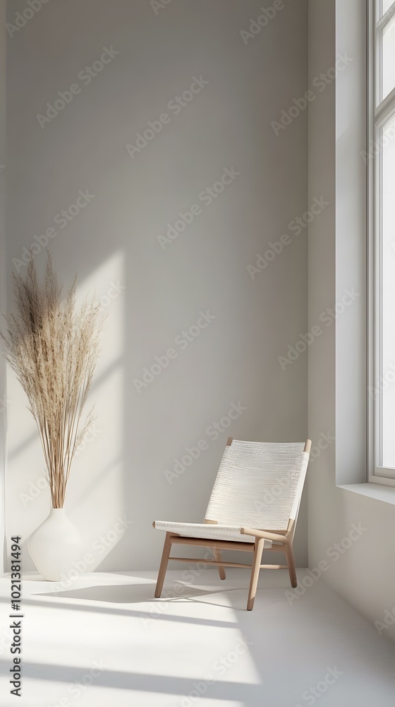 Minimalist Interior Design with White Chair and Dried Grass Minimalist Interior Design with White Chair and Dried Grass