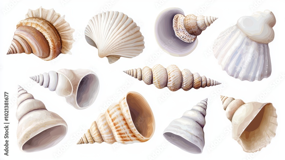 Watercolor seashells collection in soft earthy tones, perfect for beach-themed decor, coastal art, or ocean-inspired illustrations Watercolor seashells collection in soft earthy tones, perfect for beach-themed decor, coastal art, or ocean-inspired illustrations