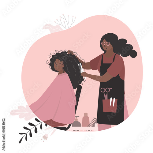 Beautiful african american woman in beauty salon. Hairdresser in uniform uses comb and scissors and makes fashionable hairstyle for beauty girl. Female character with curly hair.