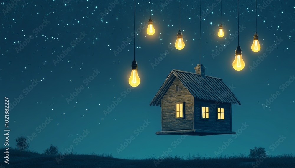 Naklejka premium Floating house illuminated by hanging lights against a starry night sky, evoking a sense of tranquility and dreamlike wonder.