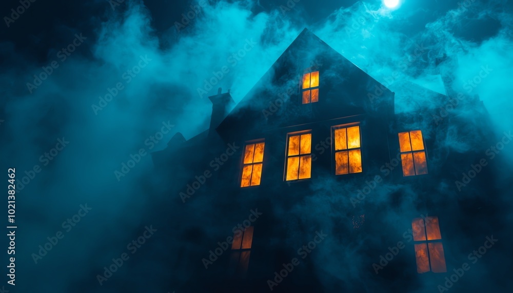 Eerie haunted house silhouette illuminated by glowing windows amidst swirling fog and moonlit sky. Eerie haunted house silhouette illuminated by glowing windows amidst swirling fog and moonlit sky.