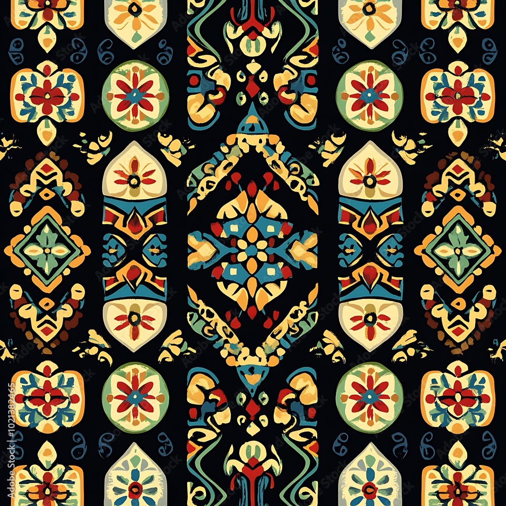 A vibrant, intricate pattern featuring floral and geometric designs on a dark background. A vibrant, intricate pattern featuring floral and geometric designs on a dark background.