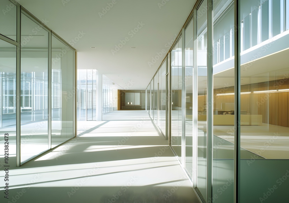 Modern Office Corridor with Glass Walls and Sunlight Modern Office Corridor with Glass Walls and Sunlight