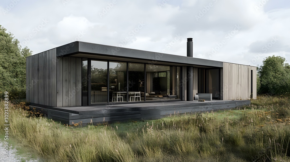 Modern Minimalist Wooden House with Black Roof and Large Windows Modern Minimalist Wooden House with Black Roof and Large Windows