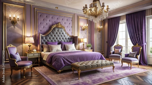 Elegant Purple and Gold Bedroom Design with Luxurious Decor and Cozy Atmosphere for Relaxation