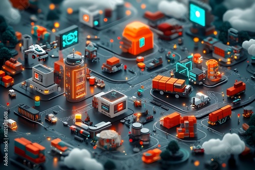 Expansive logistics infrastructure intricate web of trade routes and transportation hubs autonomous cargo drones and self driving delivery vehicles real time data analytics dashboards photo