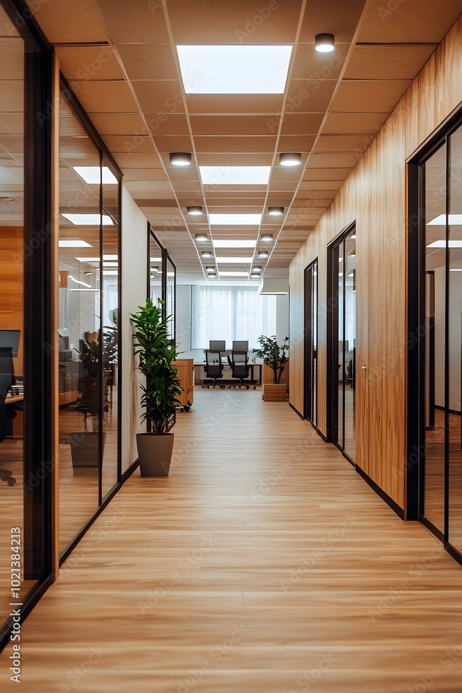 Modern Office Hallway with Wooden Walls and Glass Doors Modern Office Hallway with Wooden Walls and Glass Doors