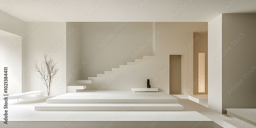 Minimalist White Interior Design with Stairs and Branch Minimalist White Interior Design with Stairs and Branch