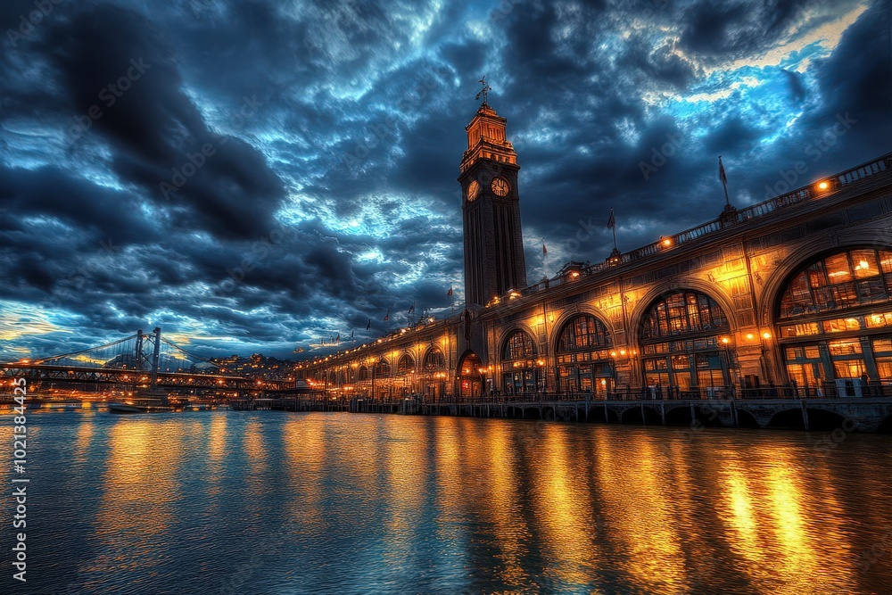 Ferry Building. City Architecture at Night with River View and Tower Ferry Building. City Architecture at Night with River View and Tower
