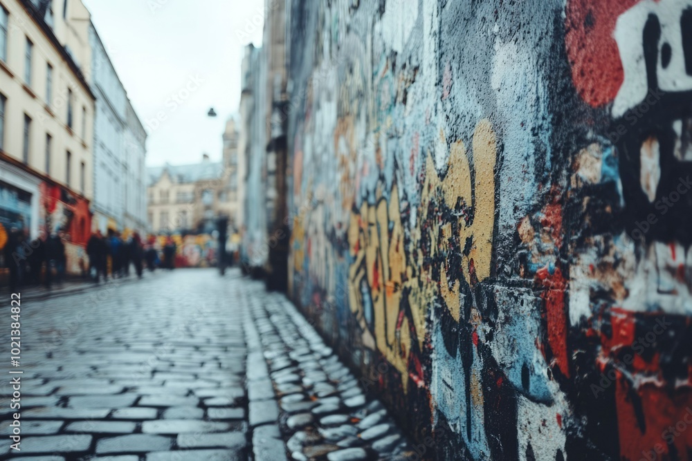 Fototapeta premium Cobblestone Street with a Graffiti-Covered Wall in a City