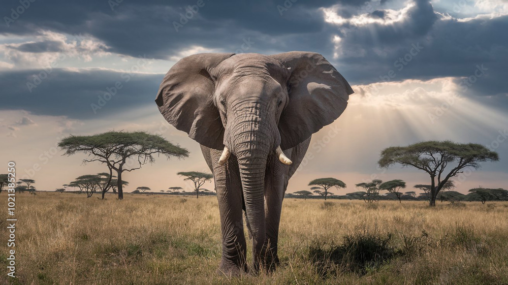Fototapeta premium Majestic African Elephant in Savanna Landscape with Sun Rays