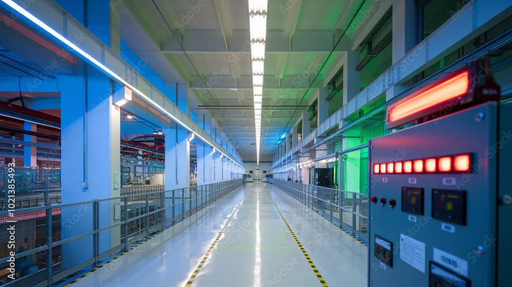 Obraz premium Industrial Interior with Control Panel Long Corridor Blue and Green Lighting