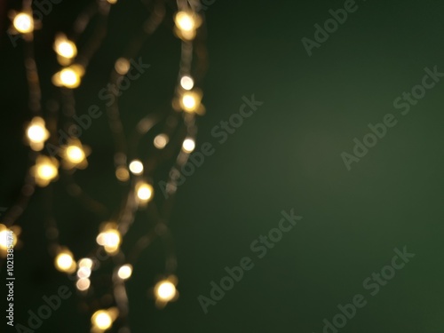 Bright lights of electric garland on green background. Defocused
