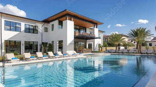 Modern Luxury Villa Swimming Pool with Palm Trees and Loungers