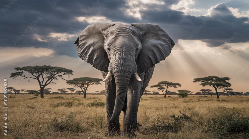 Fototapeta premium African Elephant in Savannah Landscape with Dramatic Clouds