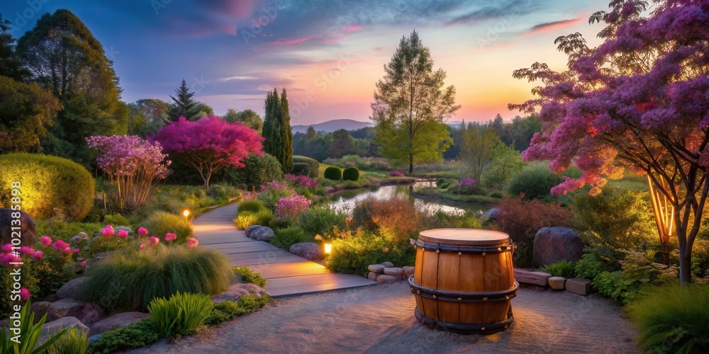 Serene Garden Pathway with a Wooden Barrel at Sunset, Embracing the Beauty of Nature's Tranquility Serene Garden Pathway with a Wooden Barrel at Sunset, Embracing the Beauty of Nature's Tranquility