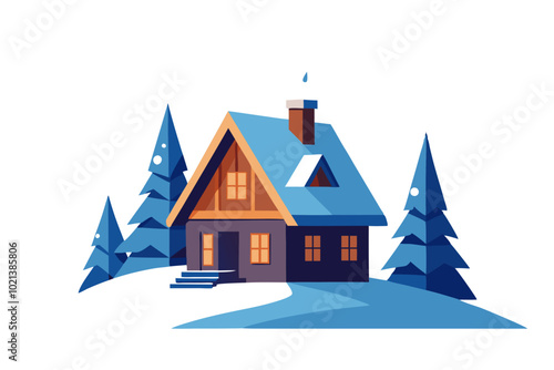 Winter themed cute house vector illustration on white background