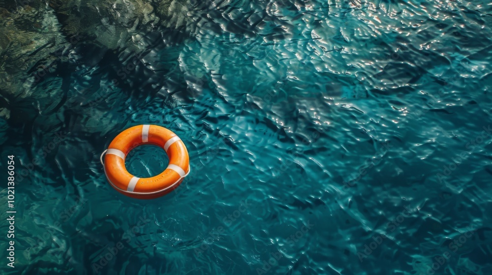 Orange Lifebuoy Floating in Blue Water Orange Lifebuoy Floating in Blue Water