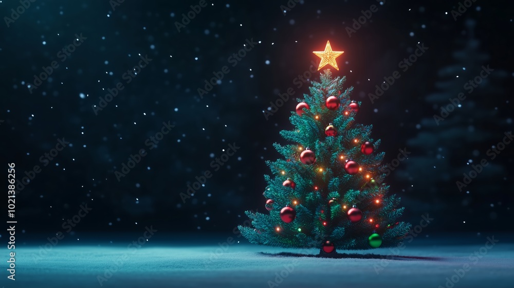 A beautifully lit Christmas tree, filled with red and green ornaments and a glowing star on top, isolated on a snowy background with falling snowflakes A beautifully lit Christmas tree, filled with red and green ornaments and a glowing star on top, isolated on a snowy background with falling snowflakes
