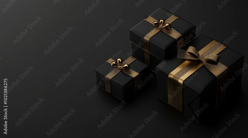 Black Friday. Cyber Monday. Black christmas boxes with golden ribbon on black background with copy space for text. With Generative AI technology Black Friday. Cyber Monday. Black christmas boxes with golden ribbon on black background with copy space for text. With Generative AI technology