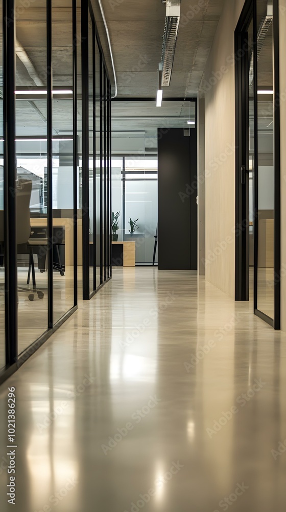 Modern Office Hallway With Glass Walls And Polished Concrete Floor Modern Office Hallway With Glass Walls And Polished Concrete Floor