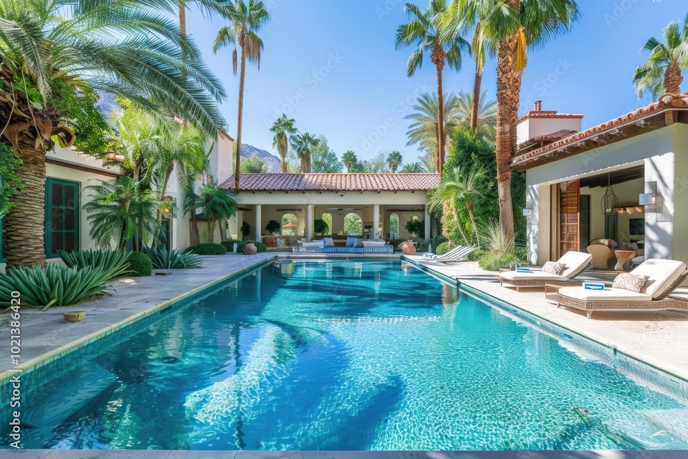 Fototapeta premium A large pool with palm trees in the background, generative ai image