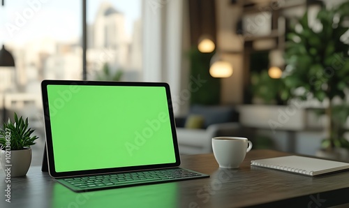 Wallpaper Mural A modern workspace featuring a tablet with a green screen, a cup of coffee, and plants, offering a vibrant, productive atmosphere. Torontodigital.ca