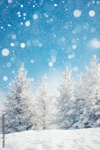 Snow trees with bokeh lighting in winter on a blurred background