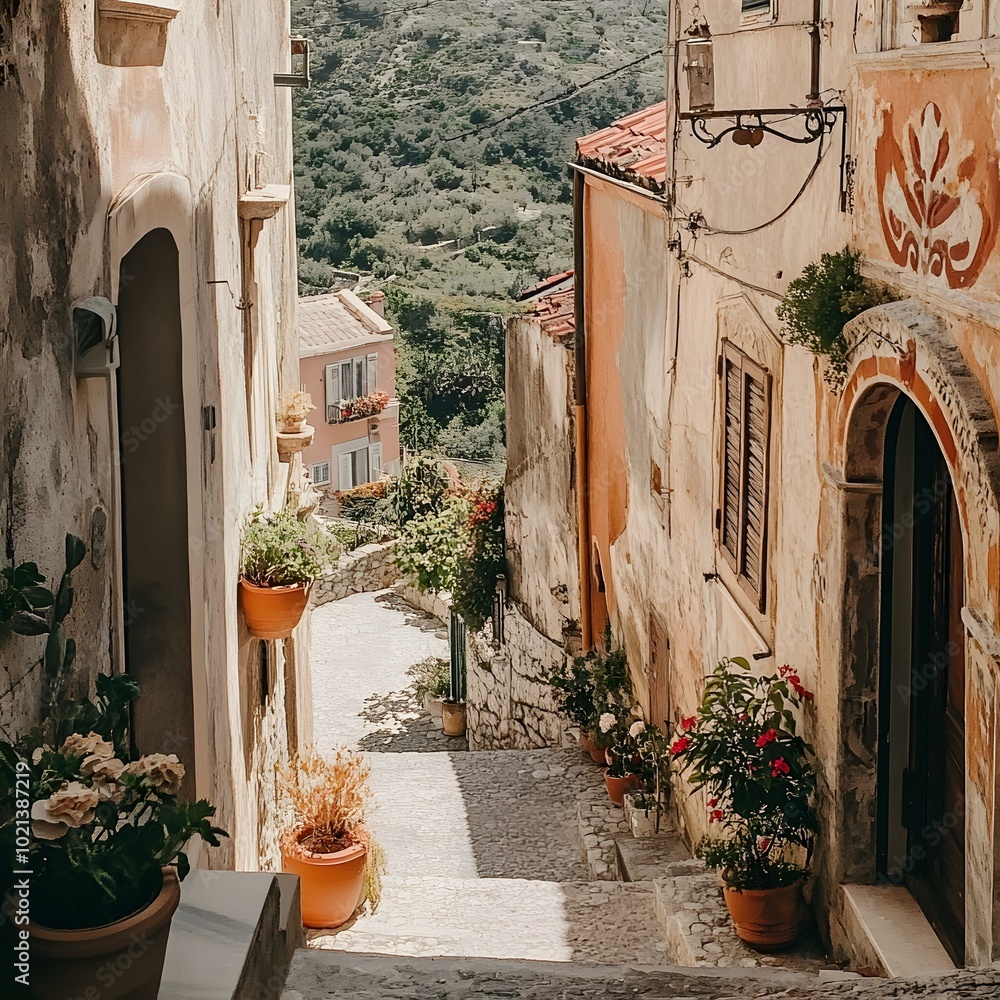 Naklejka premium Narrow cobblestone street in an Italian village with terracotta flower pots