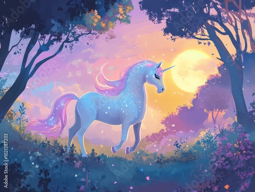 A glittering unicorn with pastel colors in a magical forest under a moonlit sky