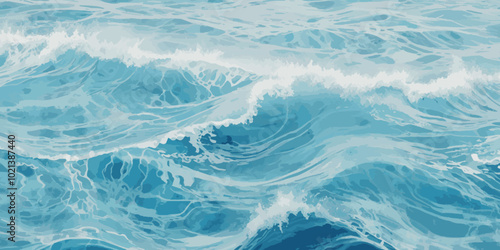 Top and aerial view of wave ocean sea background. Blue and white wavy sea water background.