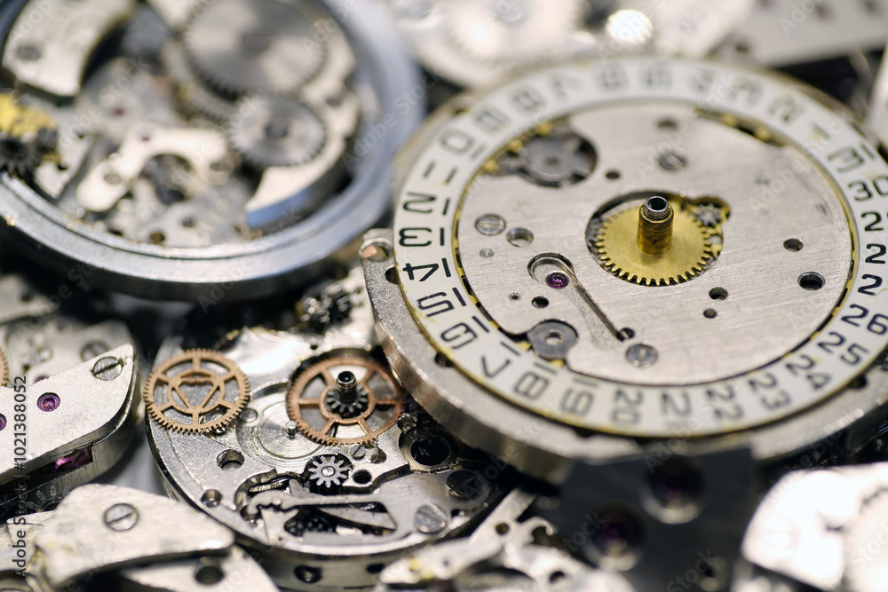 Old mechanical watches with gears and cogs. Watch or clock mechanisms Old mechanical watches with gears and cogs. Watch or clock mechanisms