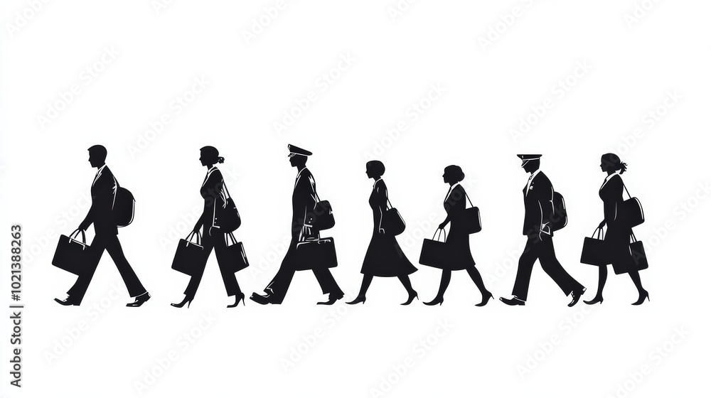 Flight Attendants and Pilots Silhouettes Walking with Bags in Aviation Industry Flight Attendants and Pilots Silhouettes Walking with Bags in Aviation Industry
