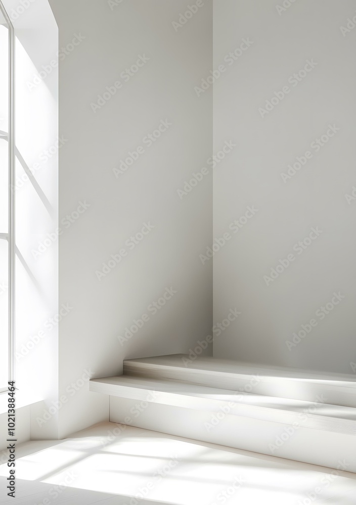 Fototapeta premium White Minimalist Interior Room Corner Design with a Wooden Platform