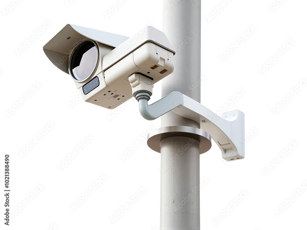 A security camera installed on a pole, monitoring the surrounding area for safety and surveillance purposes. A security camera installed on a pole, monitoring the surrounding area for safety and surveillance purposes.
